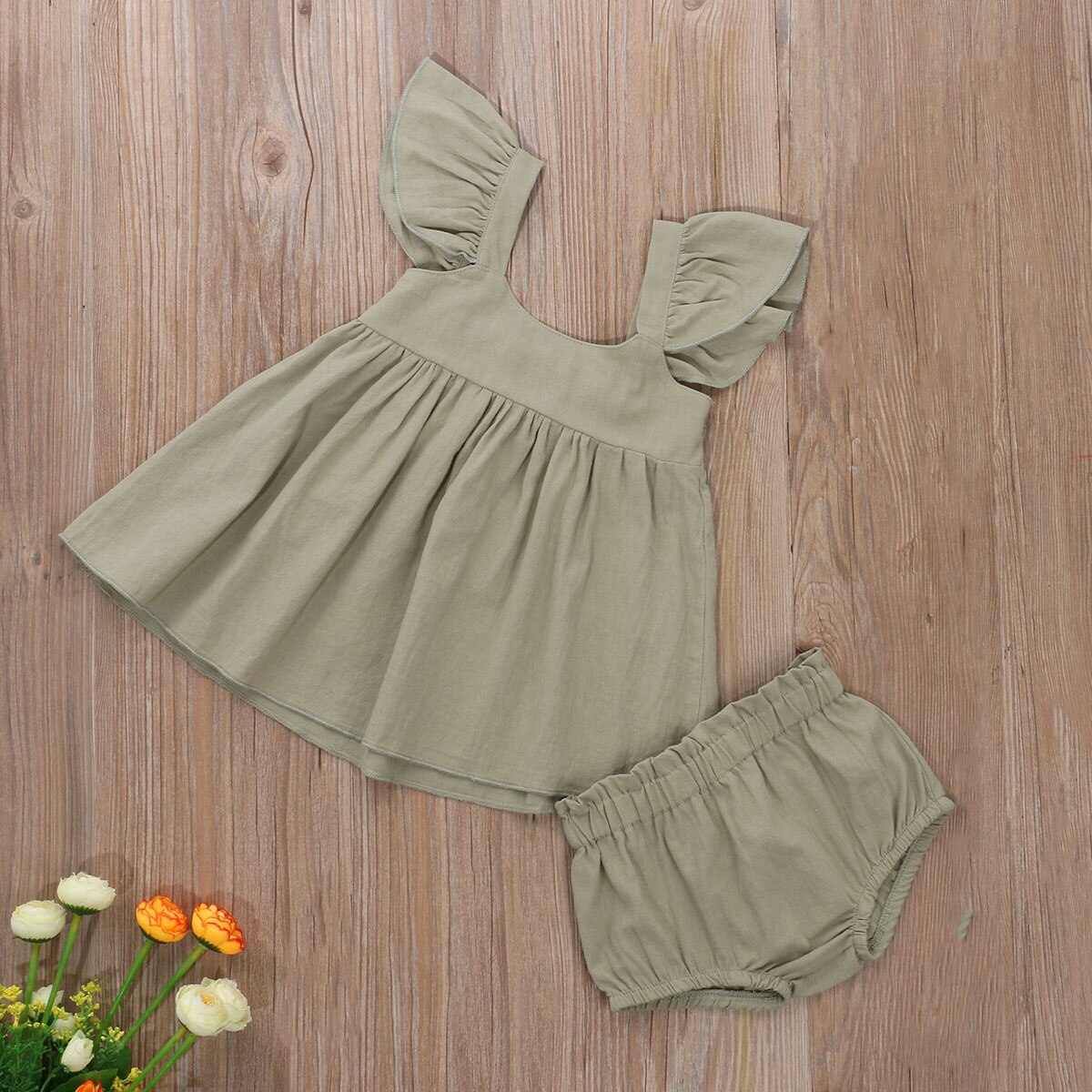 Peuter baby zomerkleding katoenen outfit ruches mouwloos gulpmouw mini-jurkje top + elastische taille shorts voor babymeisje 0-24m
