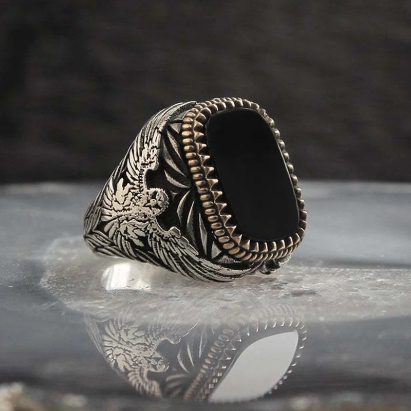 Bague chevalière turque faite à la main pour hommes, Vintage, tendance, bicolore incrusté de Zircon noir, aigle en métal, Punk, bijoux rétro pour fête de mariage