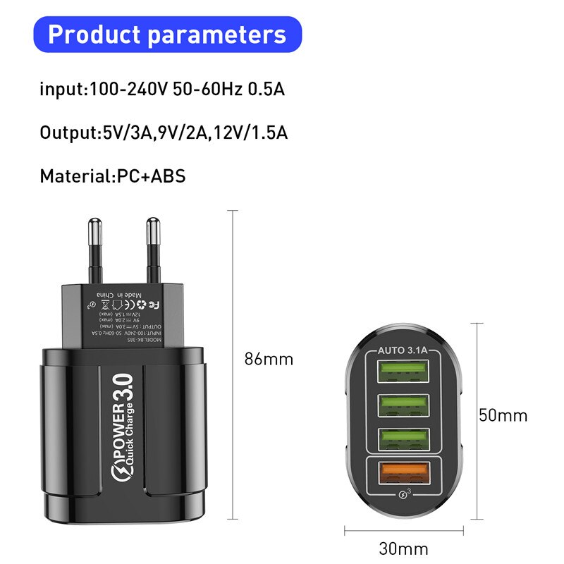 USLION 3A Schnelle Ladegerät Für iPhone 12 11 4 Port 48W Wand USB Ladegerät EU/UNS Stecker Adapter für Samsung huawei Handy Ladegerät