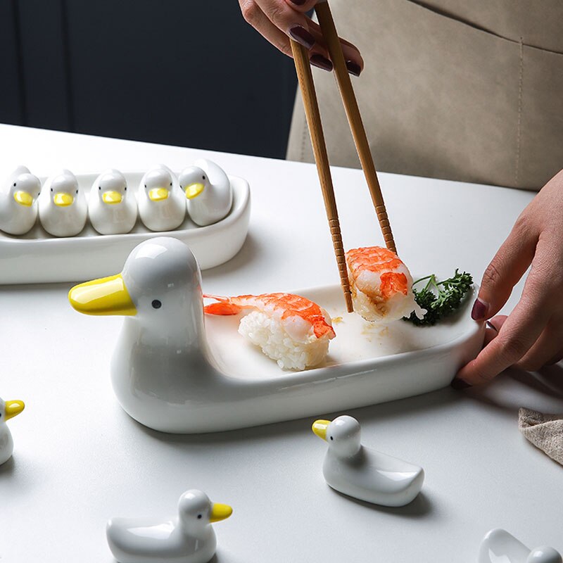 1 Uds. Soporte para palillos chinos de cerámica con patito bonito