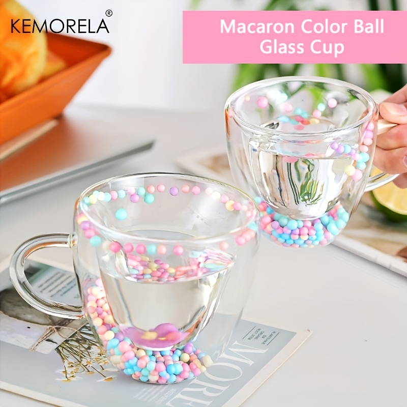 KEMORELA 1PCS Dubbelwandige Helder Glazen Koffiemok met Handvat Liefde Vorm Gekleurde Ballen voor Espresso Helder glazen Beker