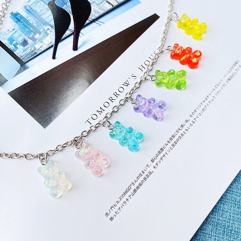 Collier en acier inoxydable fait à la main, 7 couleurs, mignon, ours de bonbons de dessin animé, pendentif de couleur bonbon, bijoux quotidiens pour femmes et filles, de fête