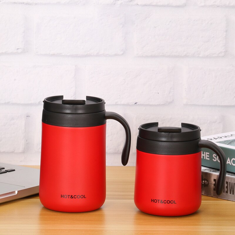 350/500ML Double Stainless Steel Thermal Coffee Mugs With Handle Thermos Flask Travel Office Tea Cup With Lid Drink Water Bottle: 350ML / red