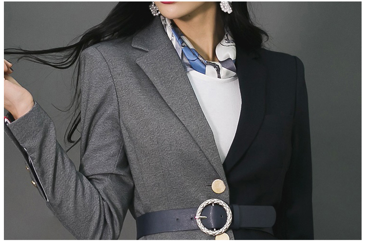 Conjuntos de ropa Chic de otoño para mujer, ropa de trabajo, chaqueta de retazos negra y gris, conjunto de dos piezas para mujeres, traje de oficina SL001