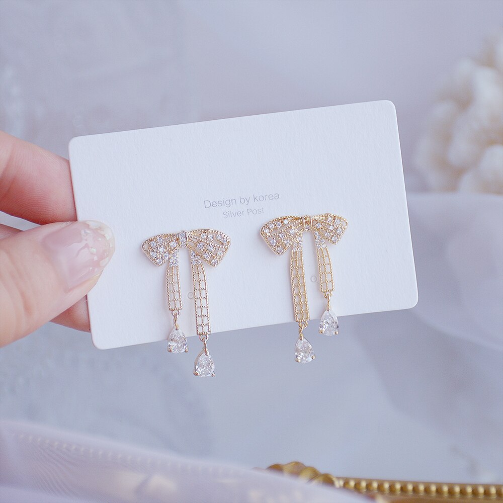 Koreansk mikro zirkon temperament bowknot ørering til kvinder lækker 14k ægte guld øreringe tilbehør smykker: Bowknot ørering