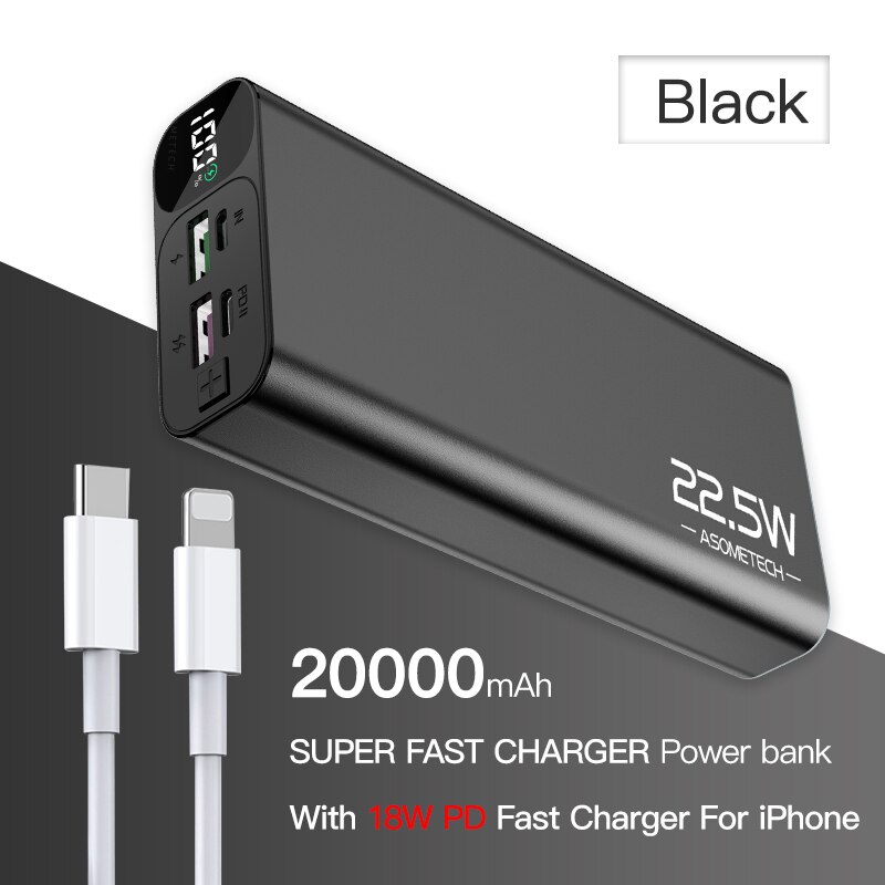 Carregador super rápido qc3.0 20000mah 5a, usb c pd3.0 flash, bateria externa para iphone 12 xiaomi: Black With Cable C