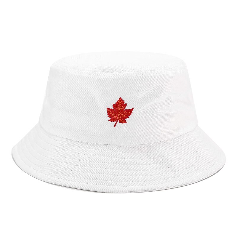 Leaf Embroidery Bucket Hat Protection Sun Hat Maple Foldable Cap Panama Packable Cotton Fisherman Hat For Men and Women: White