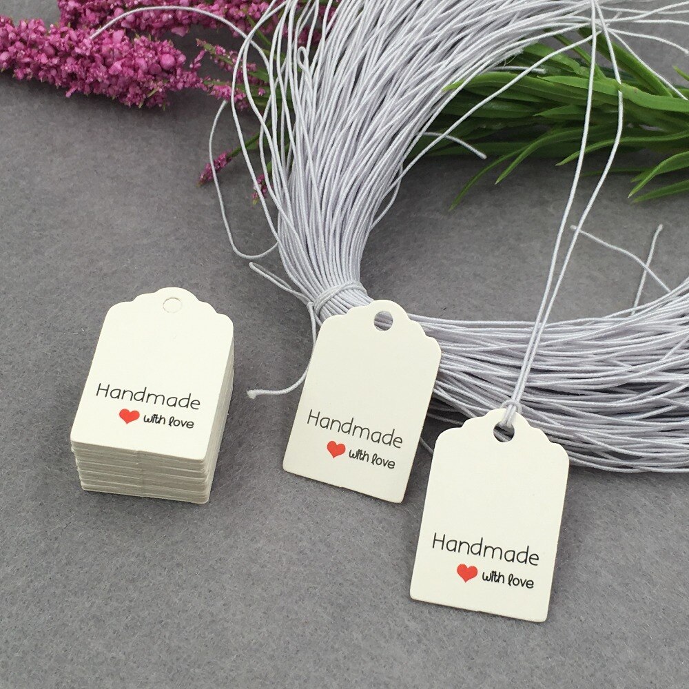 100 Pcs + 100 Strings 3x2 cm Papier Tags Labels Gedrukt Handgemaakte met Liefde Voor Zak Decoratie bagage Supply Hang Prijskaartjes