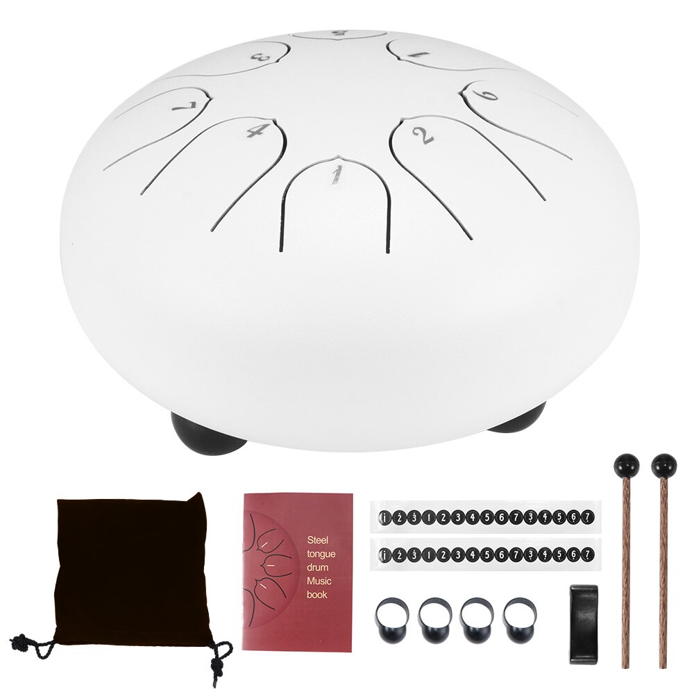 Cool 6 Inch Steel Tongue Drum 8 Tune Hand Pan Drum Tank Hang Drum With Drumsticks Carrying Bag Percussion Instruments At Home: 6 inch white