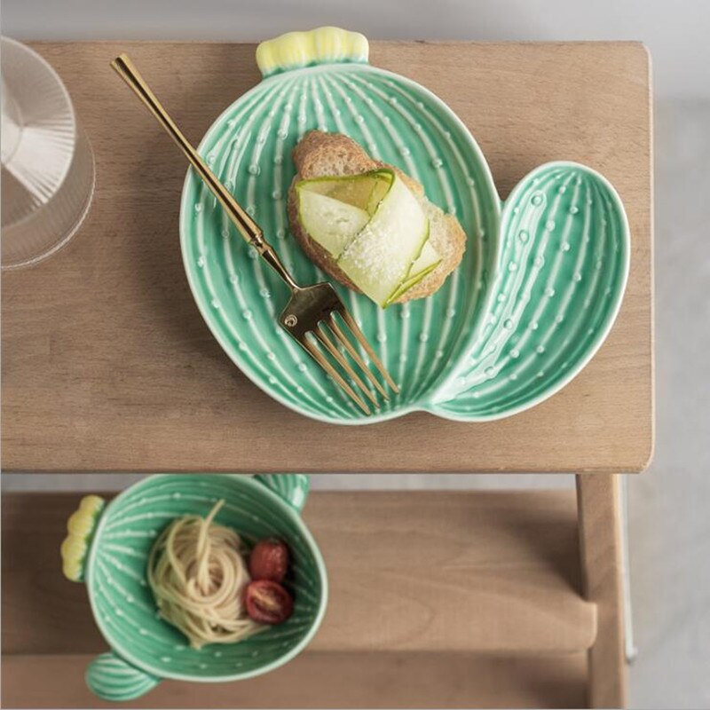 Plato de cactus de planta creativa, vajilla de forma linda, tazón de desayuno, vajilla de cerámica para el hogar, plato de aperitivos, 1 ud.