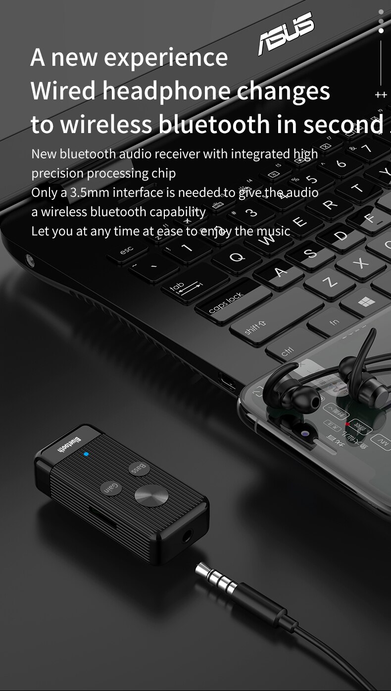 5.0 Bluetooth Receiver Bass Audio Noise Cancel Stereo For Headphone Car Support TF Card Mode With Clip 3.5mm AUX Adapter