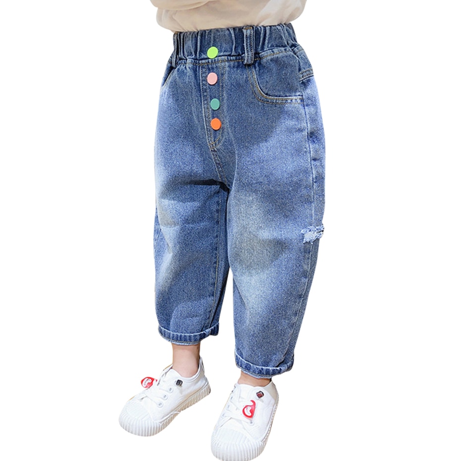 Ragazze Jeans Strappati Coloful ButtonToddler Dei Jeans del Foro Dei Jeans Delle Ragazze di Autunno di Inverno Del Bambino Vestiti Della Ragazza