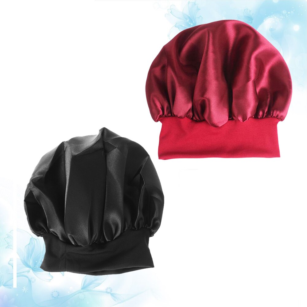 2pcs Nightcap Wide Side Elastic Sleeping Cap Hair Loss Cap Hats Chemotherapy Cap for Girls (Black): As Shown