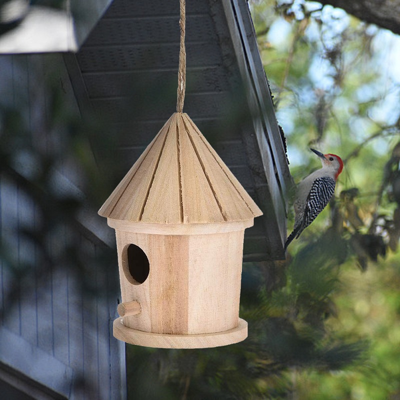 Wooden Bird Nest Hanging House Natural Wooden Cage... – Grandado - Bird Telescope Renting Places With Large Natural Wood Cage