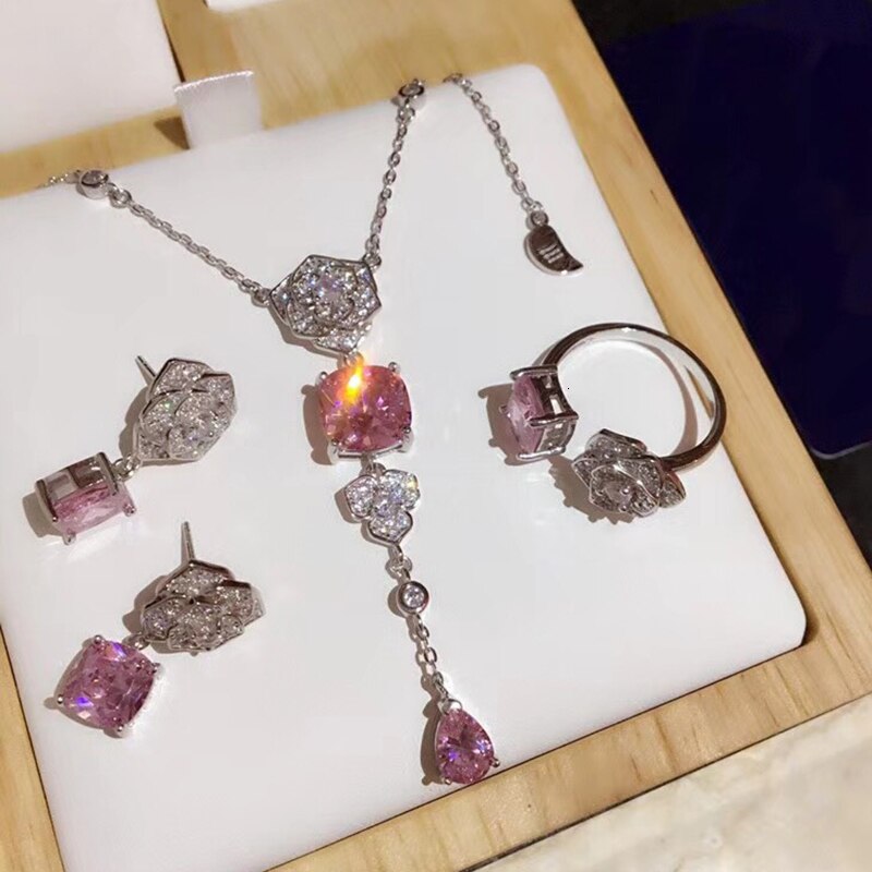 Heißer Reine 925 Sterling Silber Schmuck einstellen Für Frauen Rosa verrotten Stein Heiße Party Rose Schmuck einstellen Halskette Ring ohrringe einstellen