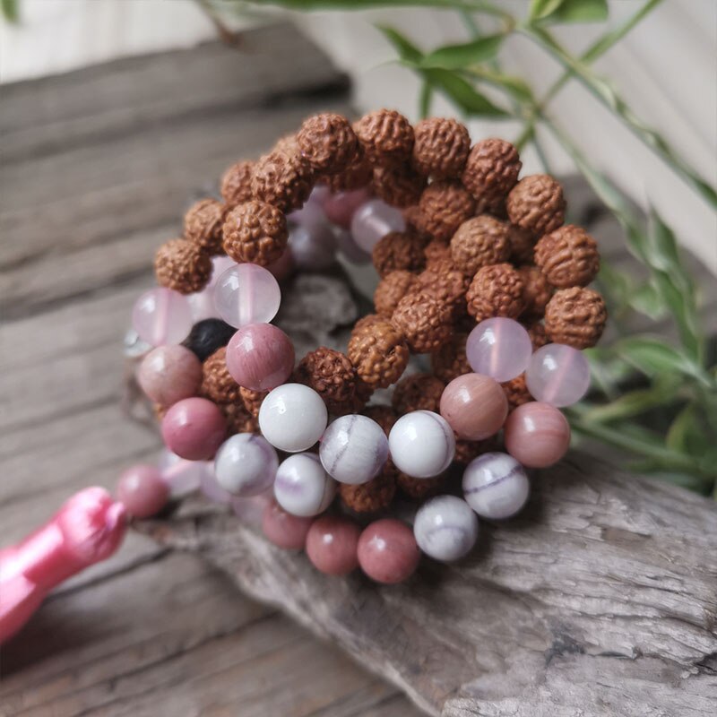 Perles en pierre naturelle 8mm, collier Rudraksha, pendentif bouddha, charmant Bracelet Rhodonite, ensembles JapaMala, spirituel, perles de Mala 108