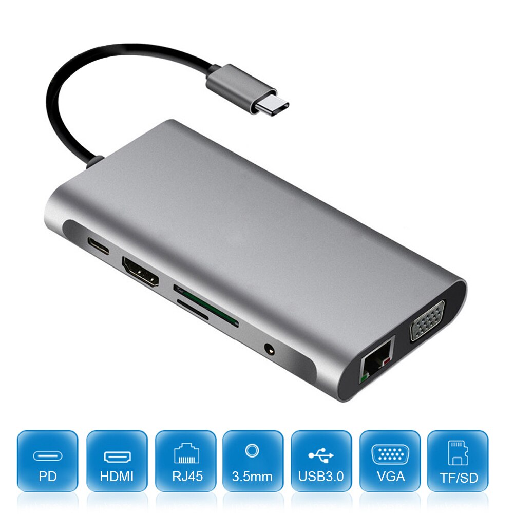 Notebook Smartphone Uitbreiding Converter Type-C Hub Dock 10 In 1 Hdmi-Compatibel Vga Pd Usb 3.0 Sd tf RJ45 3.5Mm Pd Opladen Adap