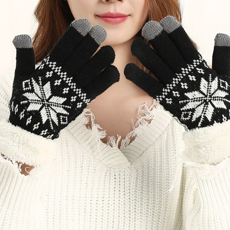 Rimiut tyk kashmir to lag vinterhandsker til kvinder snefnug strikket mønster fuldfinger skiløb &amp; touch screen handske: Sort