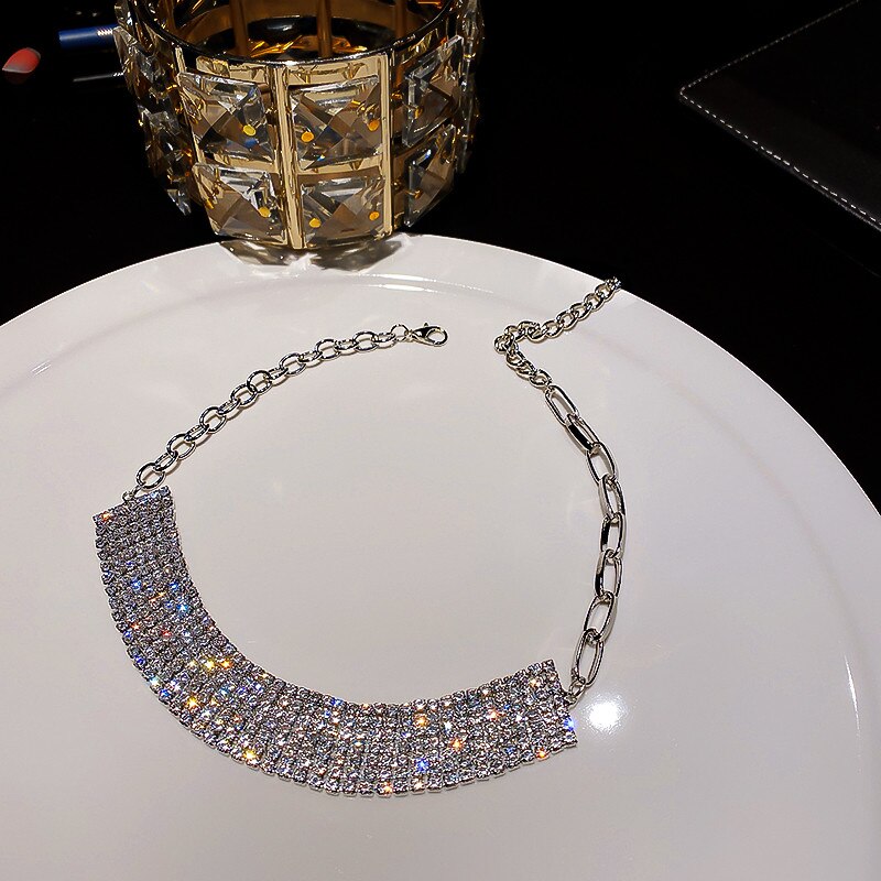 Fyuan corrente geométrica gargantilha de cristal colares para mulher curto strass completo colares de jóias
