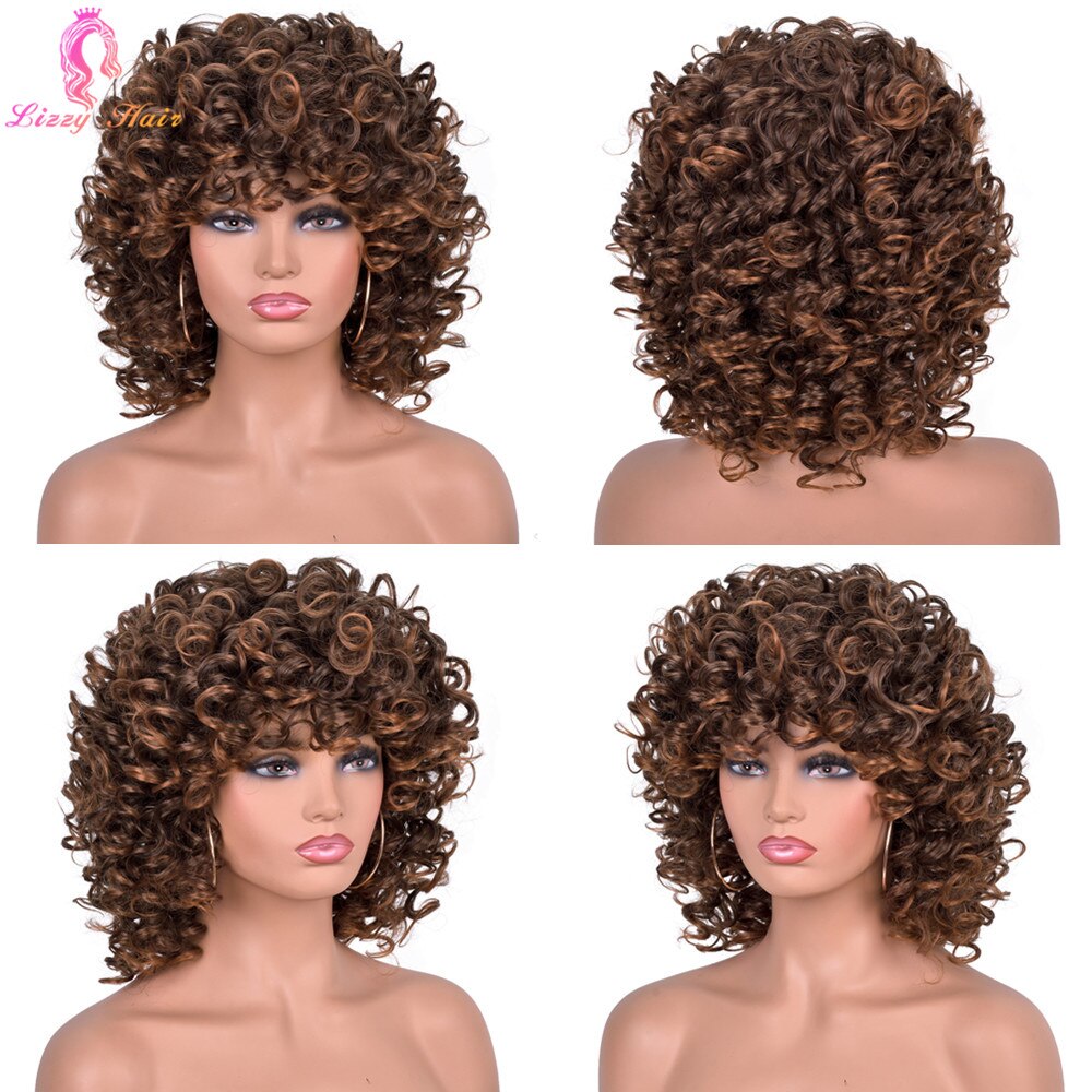 12Inch Korte Kinky Krullend Pruik Afro Amerikaanse Pruiken Voor Zwarte Vrouwen Bruin Gemengde Blonde Synthetische Hittebestendige Pruiken Met pony
