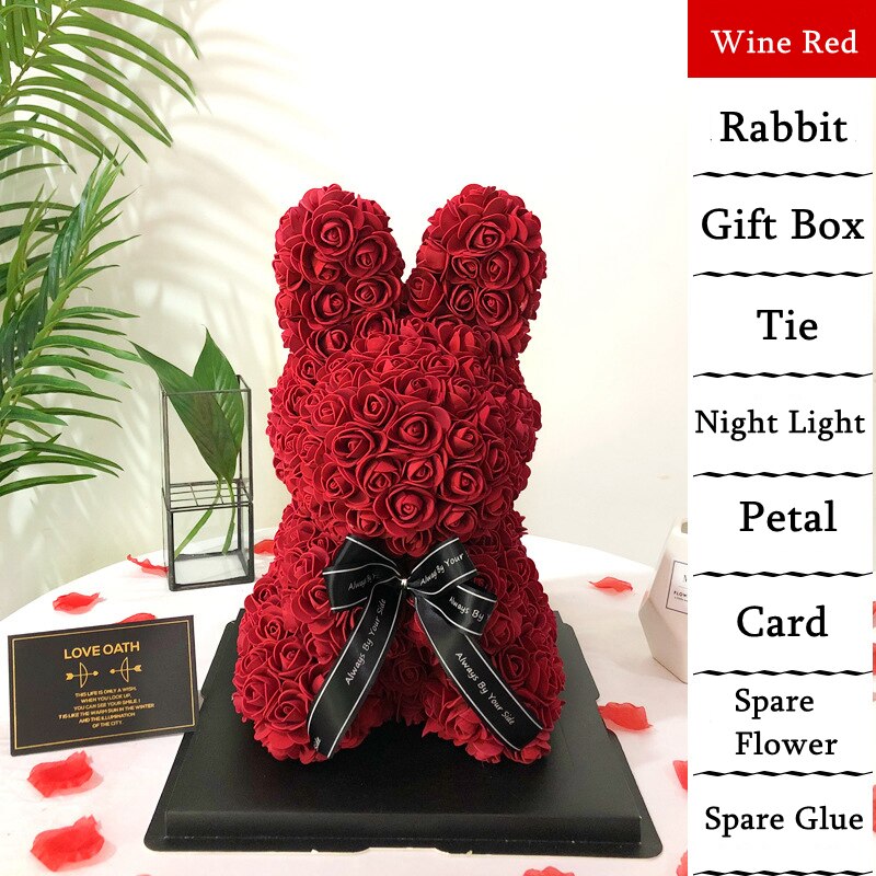 Cute Handmade Artificial Flower Rabbit 39cm Doll Valentine's Day Simulation Rose Flower Kids Girl Birthday: Wine Red