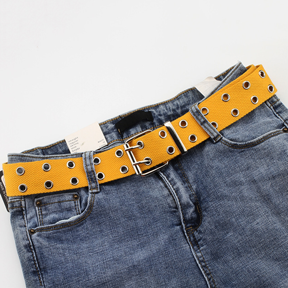 Cinturones de lona ancha para hombre y mujer, cinturón informal de doble Agujero hueco con hebilla, correa ajustable de Color sólido, pantalones vaqueros para estudiantes