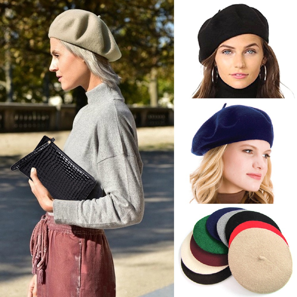 Dame kvinder uld følte varm kvinde motorhjelm fransk klassisk beret beanie slouch hat russisk cap tam