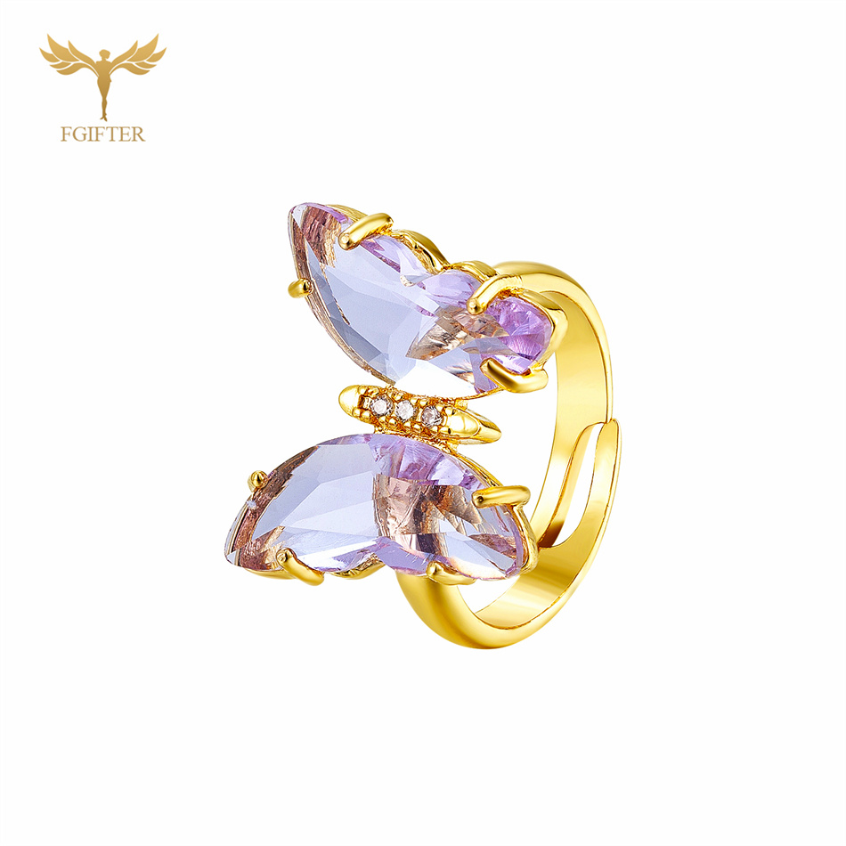 Anillos de mariposa de circón en 18 colores para mujeres y niñas, accesorios de joyería para dedo de mano de cobre de Color dorado de lujo, de tamaño ajustable: Marrón claro