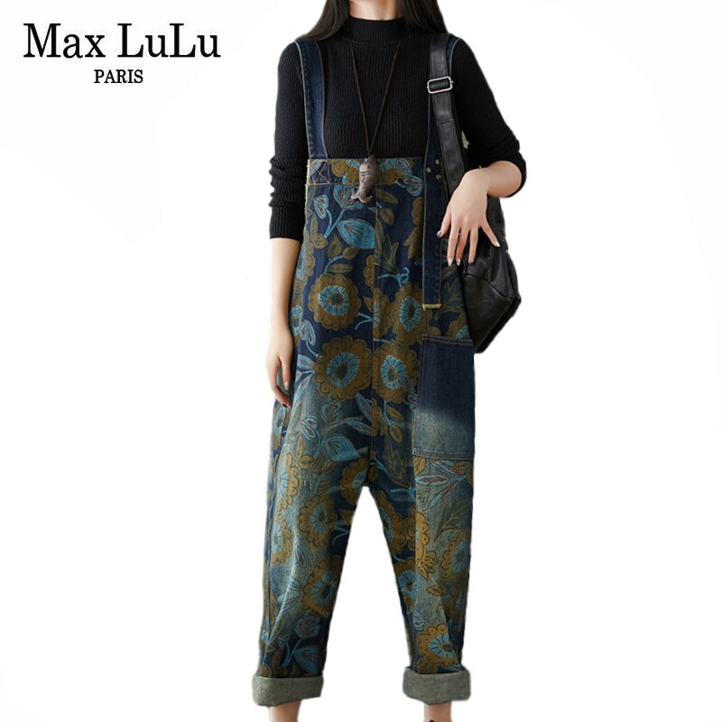 Max Lulu Europese Luxe Mode Broek Dames Vintage Bloemen Overalls Vrouwelijke Gedrukt Punk Jean Dames Denim Oversized Pantalon