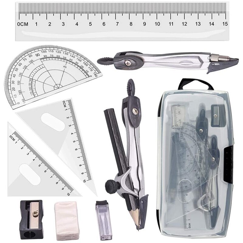 Geometry Compass Set 10Pcs School Maths Protractor Set Rulers for Student Maths and Engineering in Carry Case: Gray
