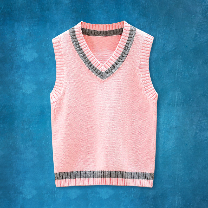 Sweater Vest Boys Girls Autumn Winter Pullover School Uniforms College Style Cotton Sweater Teens Children Waistcoat V-Neck Coat: Pink / 6
