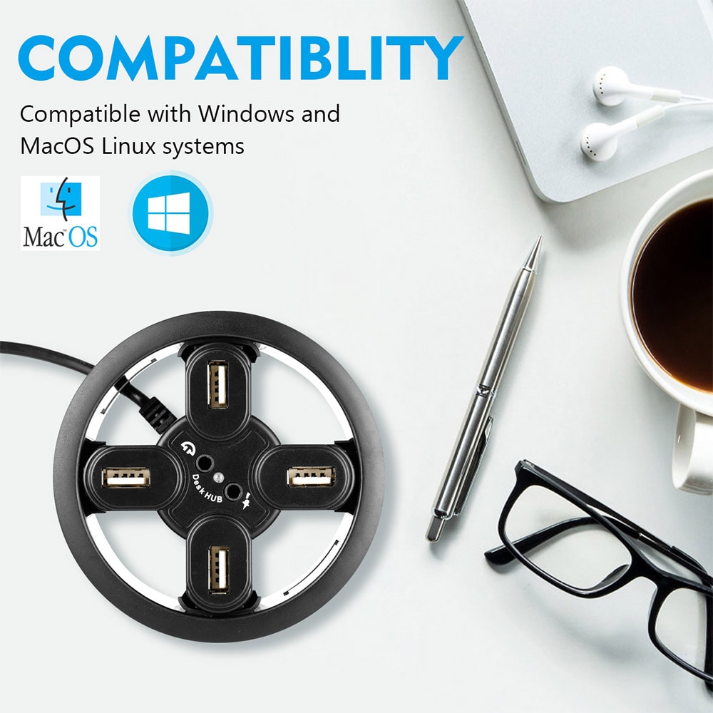 Kontorsdator skrivbord runt hål usb 2.0 splitter usb hubs omvandlare laptop/pc/mac expansionsgränssnitt 4 port 1.5 plug play