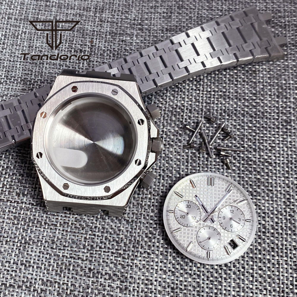 Roestvrijstalen Geborsteld 42Mm Horlogekast Armband Achtkant Bezel Saffier Crystal Fit Vk63 Vk64 Chronograaf Quartz Uurwerk: WHITE