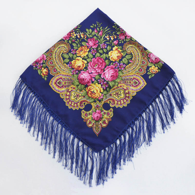 Chal de estilo ruso Pavlovo Posad, chal Vintage con estampado Floral, hiyab, bufanda con borlas, 35*35 '',: cobalt blue
