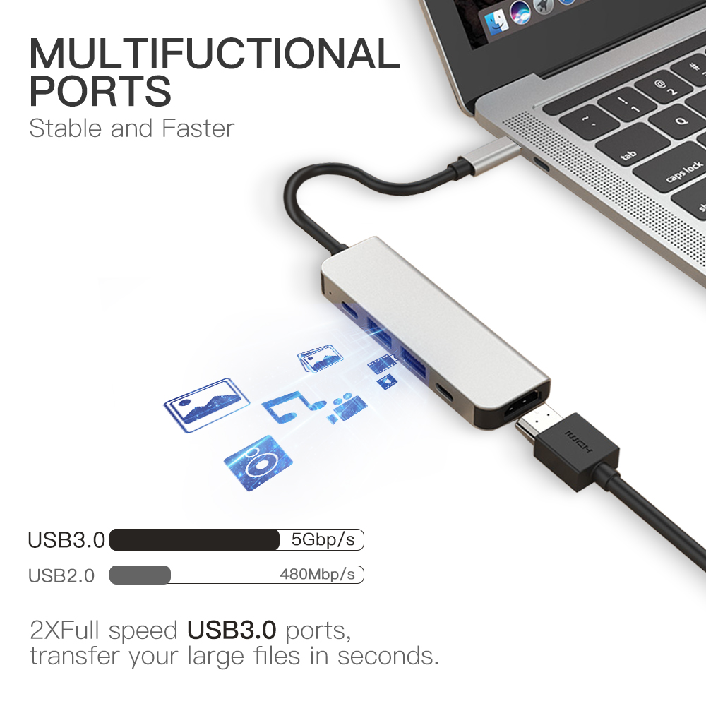 Haribol 5 Hafen Typ C Hub USB C zu HDMI USB 3,0 Häfen,4K HDMI Hafen USB-C Energie Laptop Docking Bahnhof