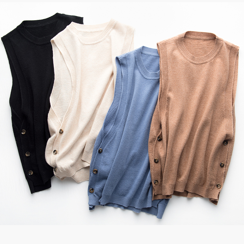 Lhzsyy - chaleco de cuello redondo para mujer, de lana pura, holgado, para exteriores, de punto, sin mangas, de cachemira, para primavera y otoño
