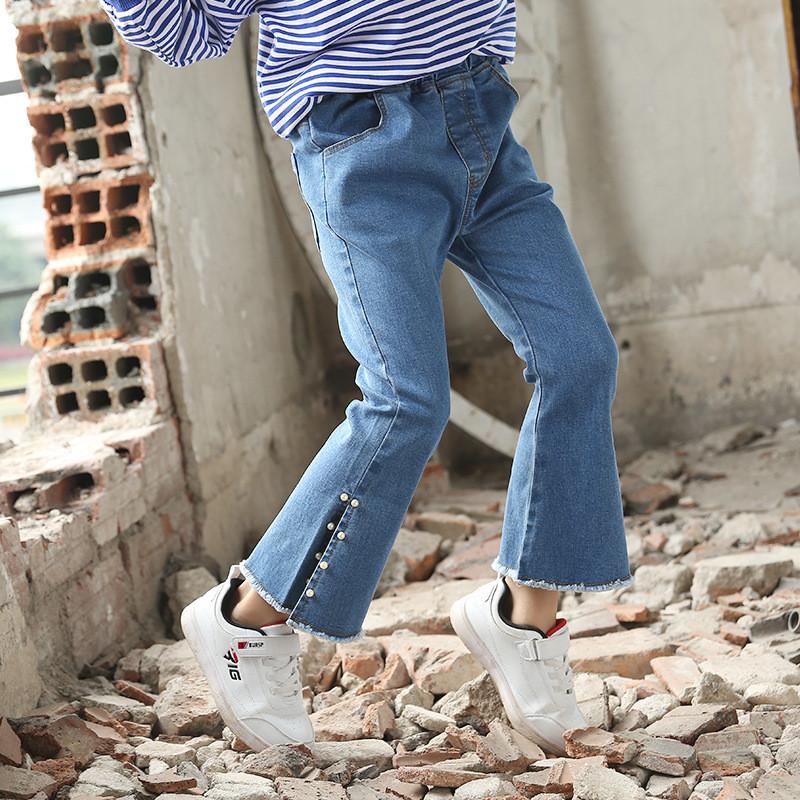 Barn jente pearls dongeribukse tenåring jente elastisk flared jeans bukse barneklær fritidsklær legging  q859