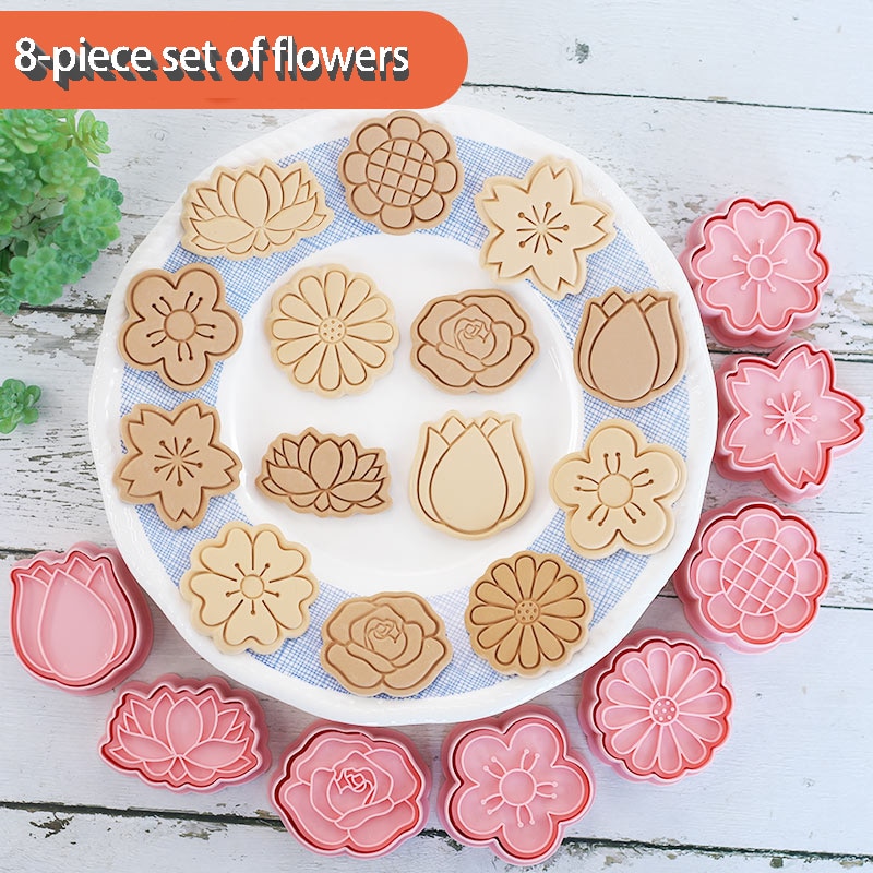 8 Pcs/set Cookie Cutters Plastic 3D Flower Shape Cartoon Pressable Biscuit Mold Cookie Stamp Kitchen Baking Pastry Bakeware