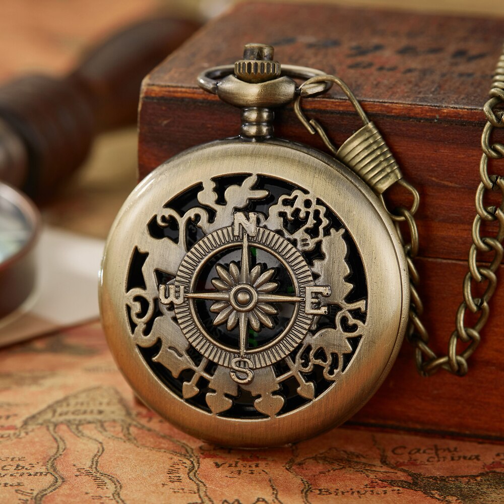 Aankomst Kompas Goud Bruin Retro Hollow Quartz Zakhorloge Fob Hanger Chain