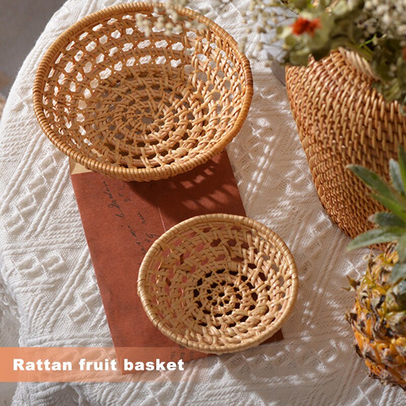 Mini plateau de rangement en rotin 11/15cm, panier rond tissé à la main, panier en osier, présentoir de pain, de fruits et de petit déjeuner