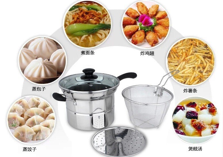 Fryer Pan with steamer, Flat Bottom Pot, Mini Frying wok, Fire Gas electric Cooker, Stainless steel, Glass cover
