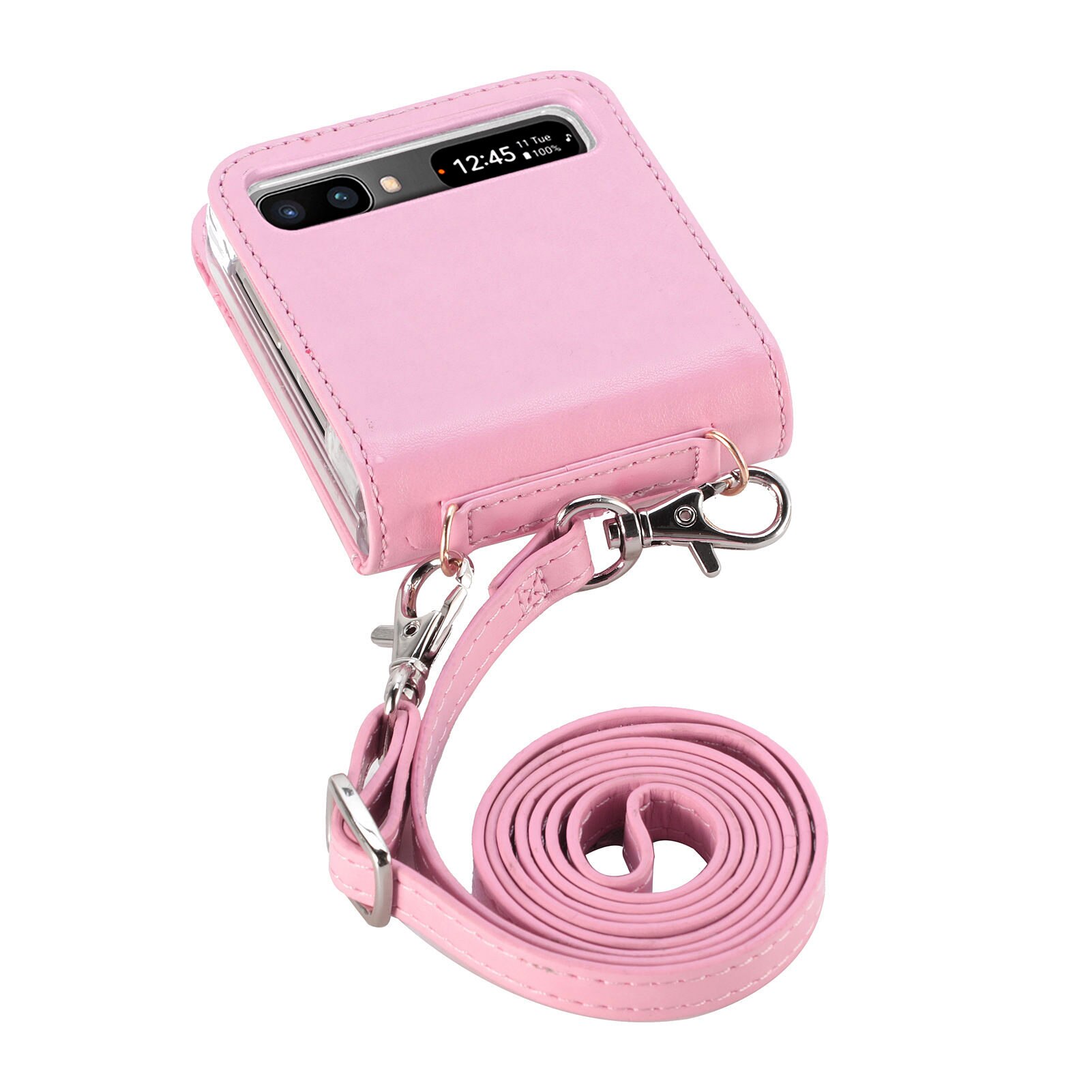Læder pung telefonrem etui til samsung galaxy z flip 3 flip 3 5g flip kortlomme uden fingeraftryk cover fundas: Til galaxy z flip / Lyserød