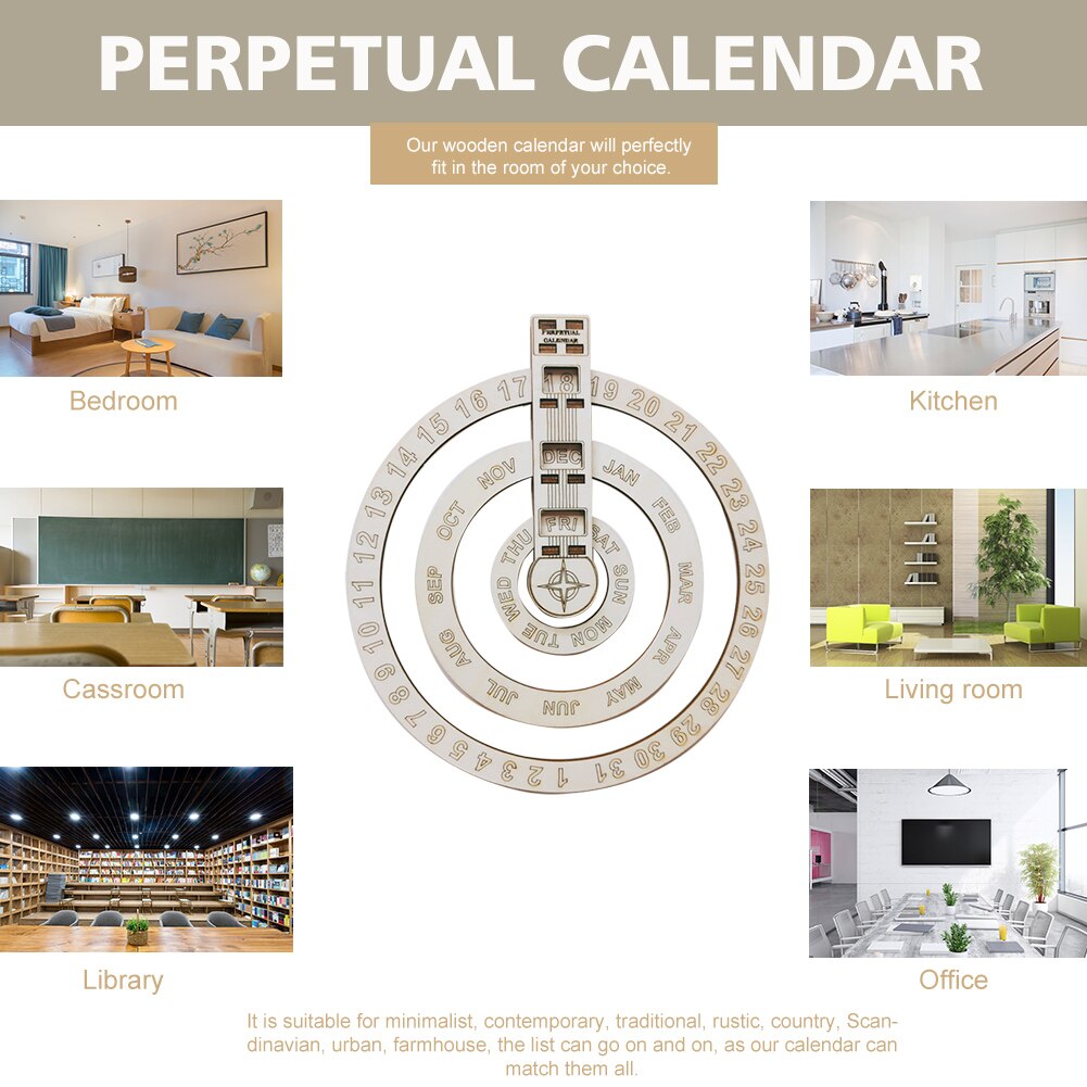 Rustic Wooden Perpetual Calendar Wall Hanging Classroom Office Living Room Bedroom Circular Home Decor Date Birthday Anniversary