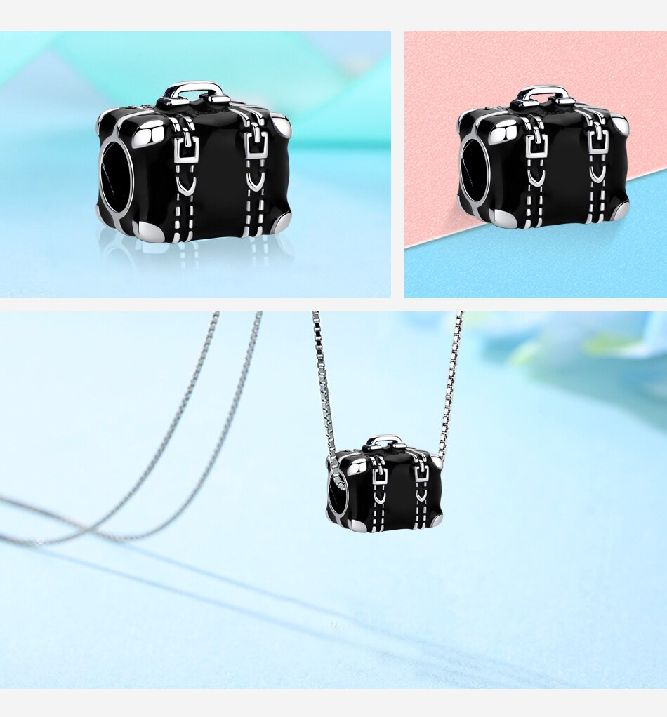 ELESHE Real 925 Sterling Silver Black Travel Bag Bead Charm Fit Original Bracelet Silver 925 Suitcase Charm Women DIY Jewelry