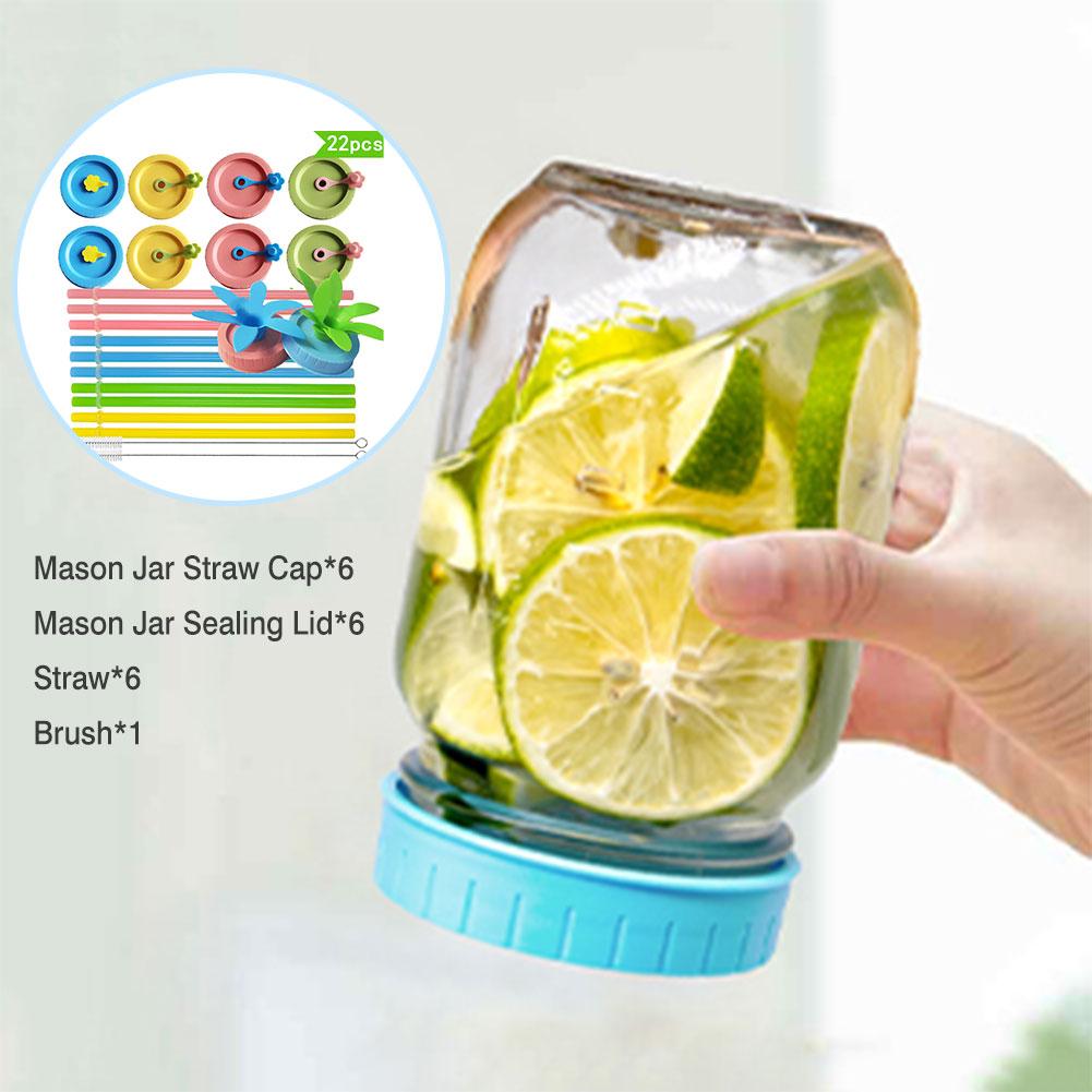 22pcs70mm Standard Mouth Mason Jar Ball Plastic Straw Lid Set Kitchen Beverage Sealing Lid Kitchen Accessories