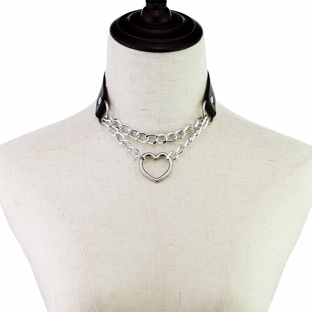 1 Pcs Punk Gothic Leather Collar Choker Metal Chain Harajuku Adjustable Heart Necklace Women's Jewelry Accessories