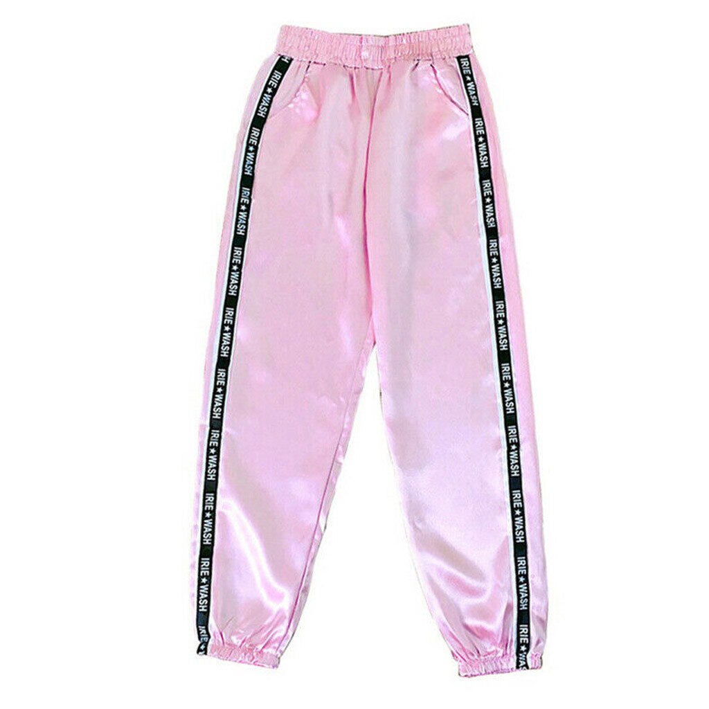 Pantalones de las mujeres deportes Casual pantalones de Color liso carta bolsillo cintura elástica reflectante deporte cinta Pantalones de las mujeres de la #40: Pink  / S