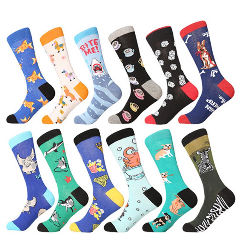 MYORED 12 par/lote calcetines informales para hombre a cuadros coloridos dibujos animados de frutas animales lunares rayas feliz de negocios calcetas de algodón de vestir Hombre