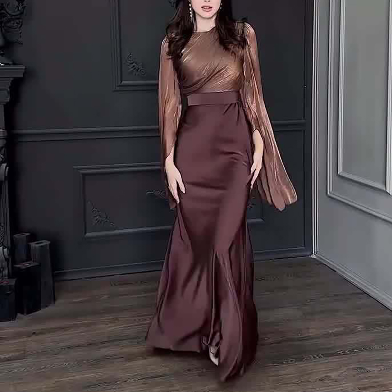 Vintage højtaljet dame satin lang kjole dame temperament rund krave kjoler slanke lange ærmer banketkjoler: Xxl / Beige