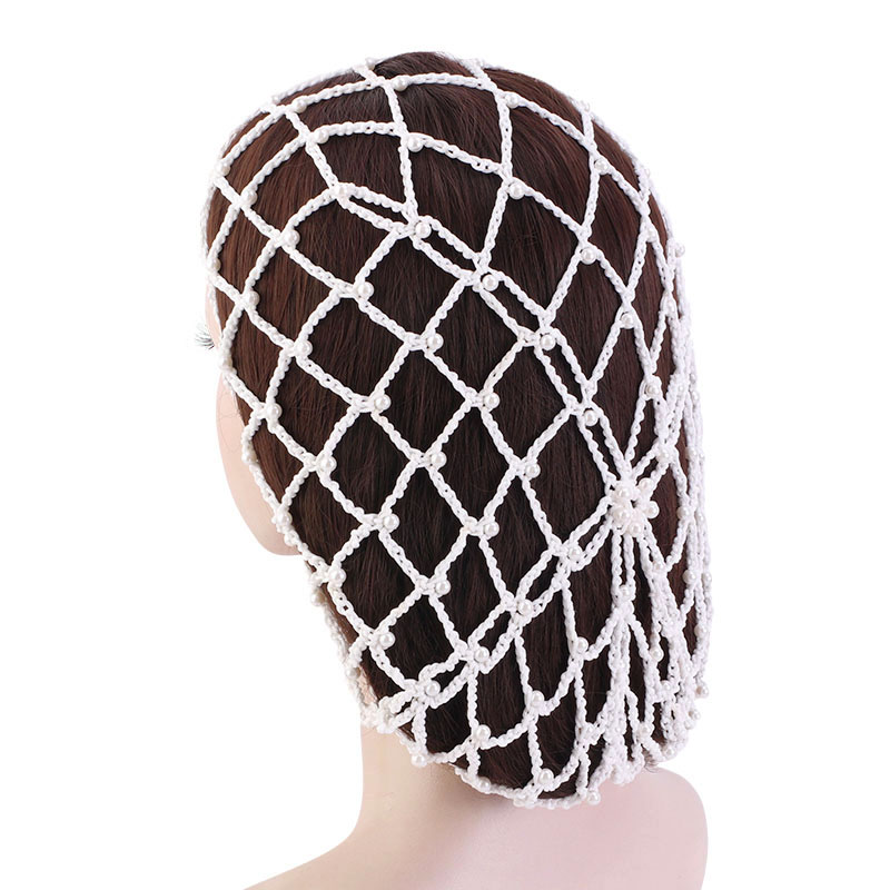 Rayon Hair Net Beaded Pearl Crochet For Women Solid Color Elastic Snood Casual Ladies Hair Accessories: WHITE
